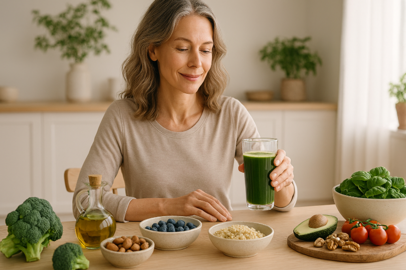 A woman sitting at a  table and holding a glass of green super greens drink. The table is arranged with spinach, cherry tomatoes, avocado, walnuts, blueberries, quinoa, almonds, olive oil and broccoli.