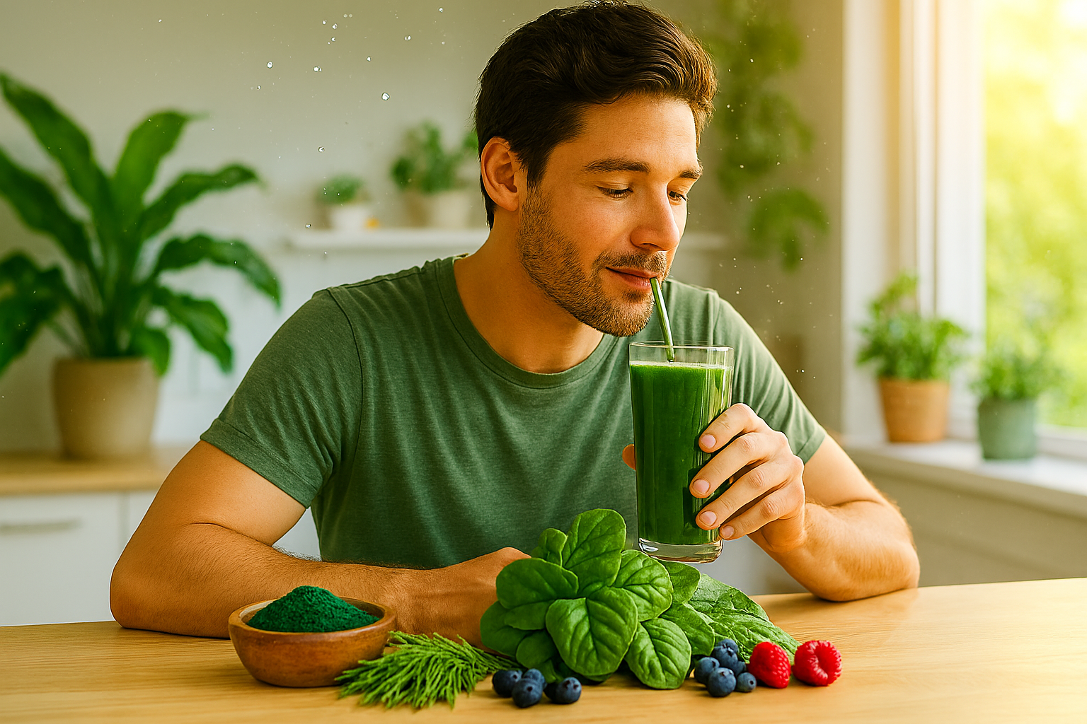 A young man in a green shirt drinks a green smoothie at a kitchen counter with spirulina, spinach, wheatgrass, and berries.