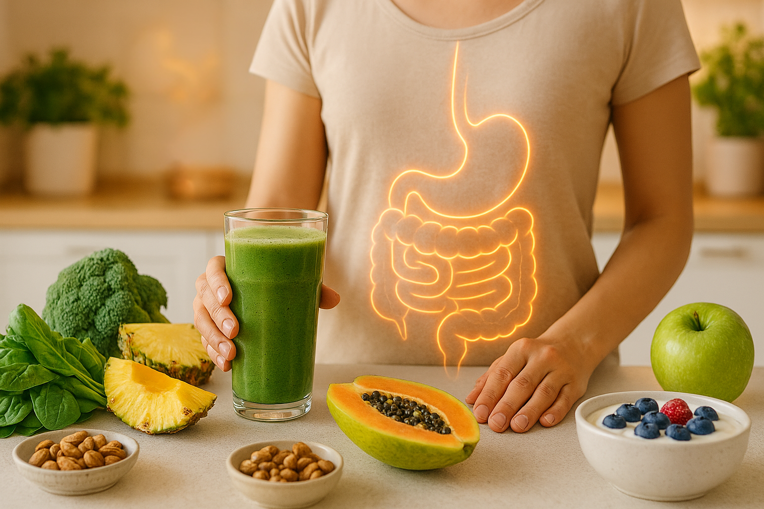 A woman holding a green smoothie, surrounded by fresh ingredients .Glowing orange lines illustrate a digestive system on her torso, symbolizing gut health.