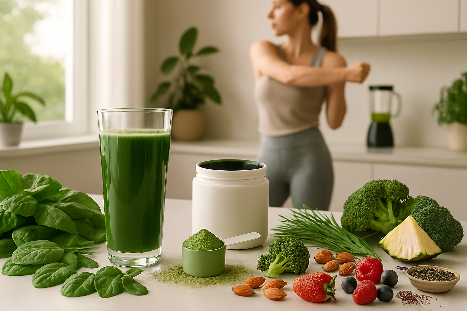 A glass of green drink sits on the counter with leafy greens, fruits, seeds, nuts, a powder scoop, and a container with a woman stretching in the background.