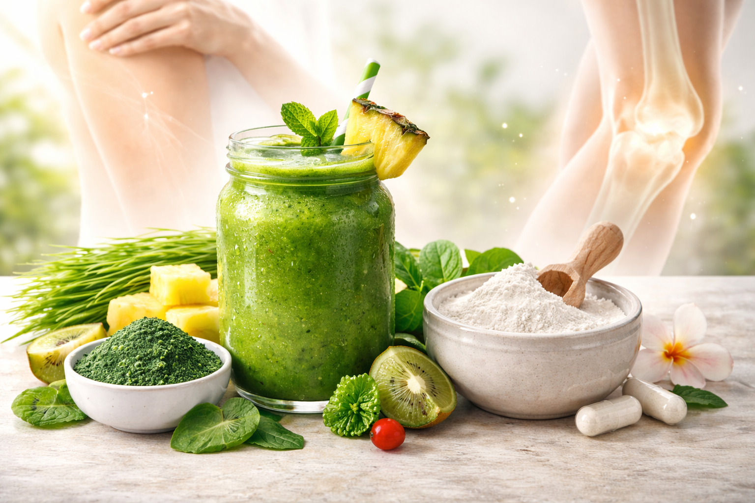 A green smoothie in a glass surrounded by spirulina powder, pineapple chunks, spinach leaves, kiwi, and a bowl of collagen powder with a wooden scoop, with faint outlines of a knee joint and hands in the background.
