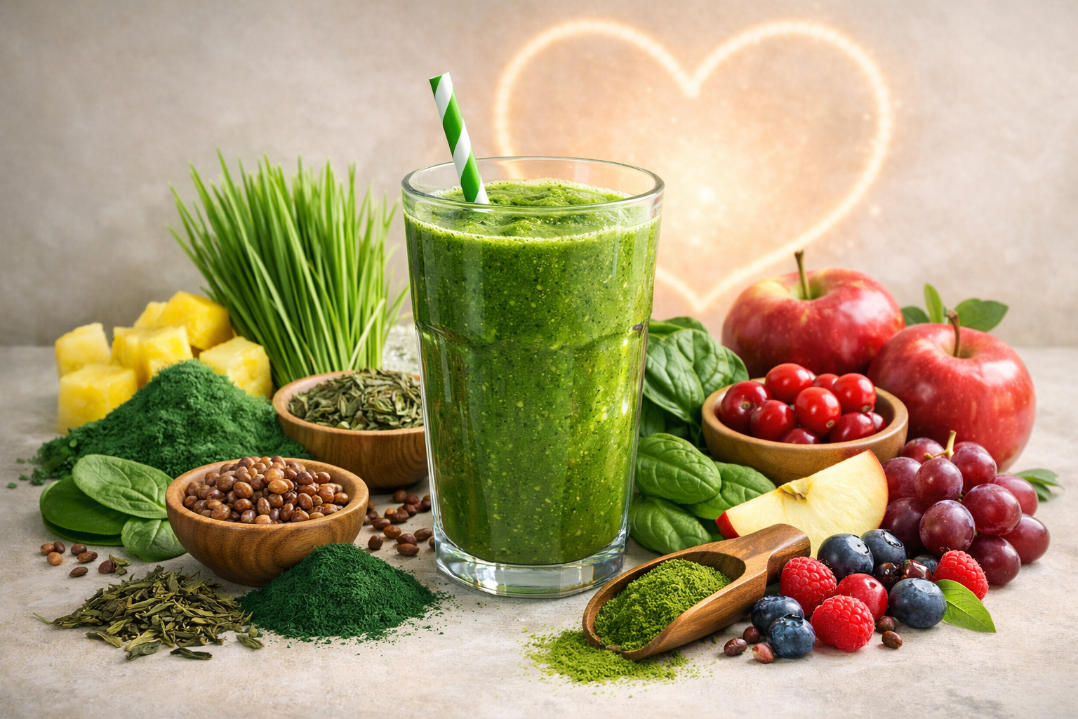 A green smoothie in a clear glass surrounded by ingredients like spirulina powder, barley grass, wheatgrass, spinach, pineapple, apples, berries, and green tea leaves, with a glowing heart silhouette in the background.