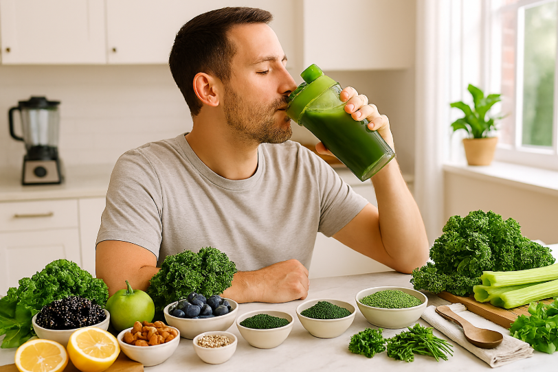 Man drinking green smoothie at kitchen counter with leafy greens, fruits, nuts, and greens powders .
