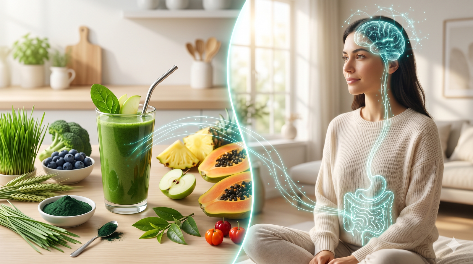 A super greens drink surrounded by fresh fruits and wheatgrass is connected by glowing neural pathways to a person in the background, illustrating the scientific link between gut health and brain performance.
