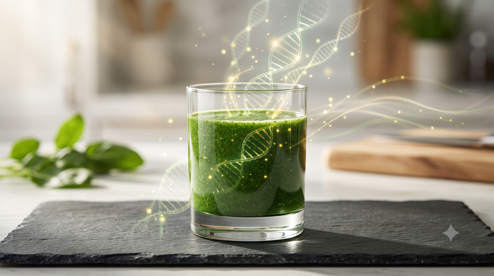 A glass of vibrant green superfood drink sits on a dark slate coaster as glowing golden double-helix DNA strands and light particles swirl around it.