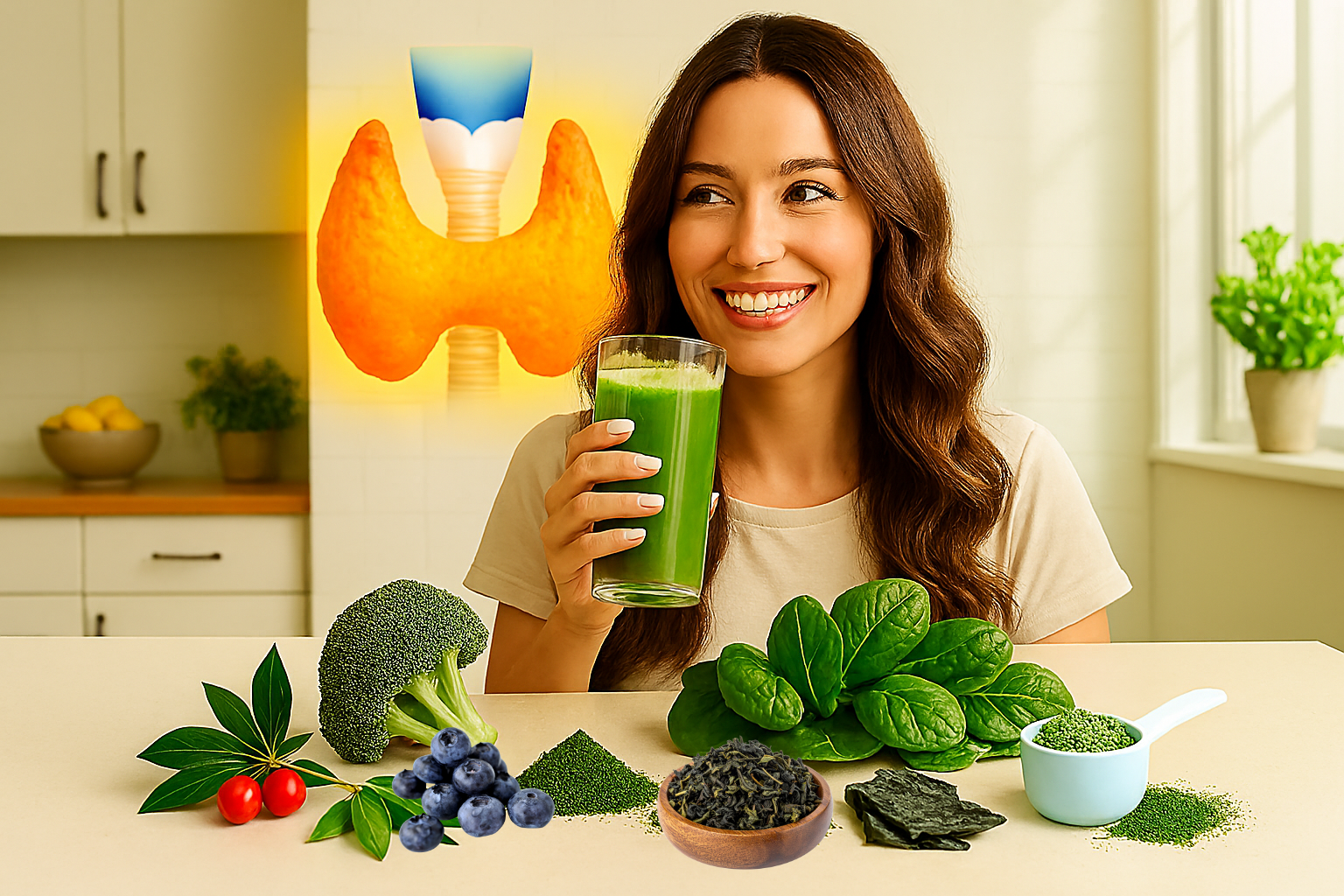 A woman drinks a green smoothie at a kitchen table with spinach, powders, broccoli, seaweed, acerola, greens powder and green tea with a thyroid illustration in the background.