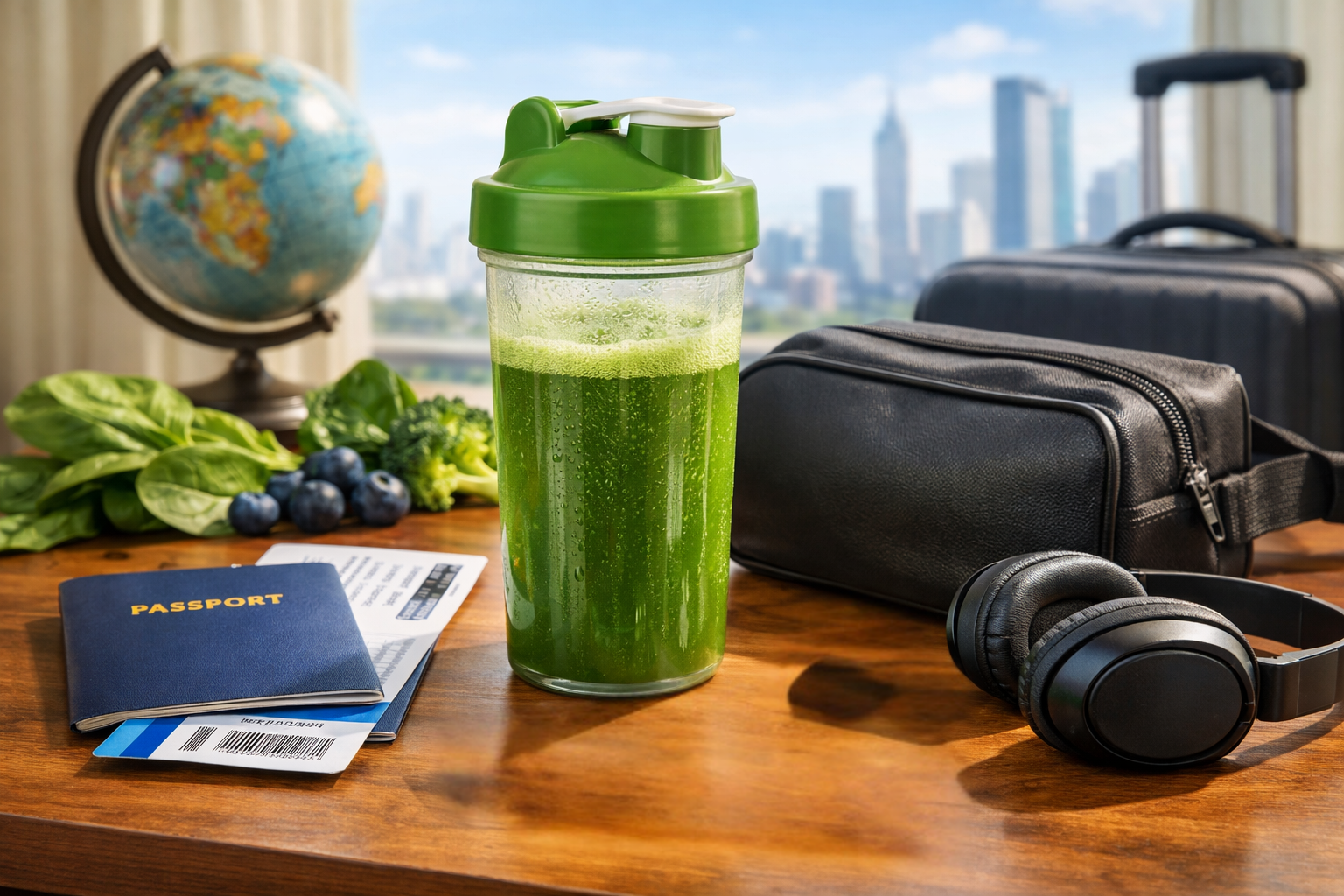 A green smoothie in a shaker bottle sits among travel essentials and fresh produce on a wooden table with a cityscape view in the background.
