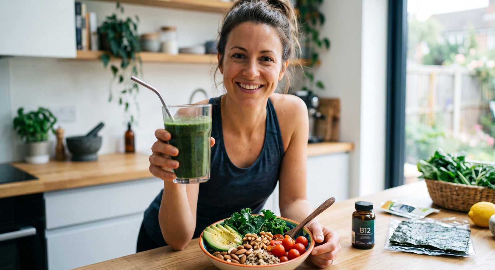 A smiling woman in a bright kitchen holds up a glass of super greens drink alongside a vibrant plant-based bowl, Nori seaweed, and a B12 supplement bottle on the counter.