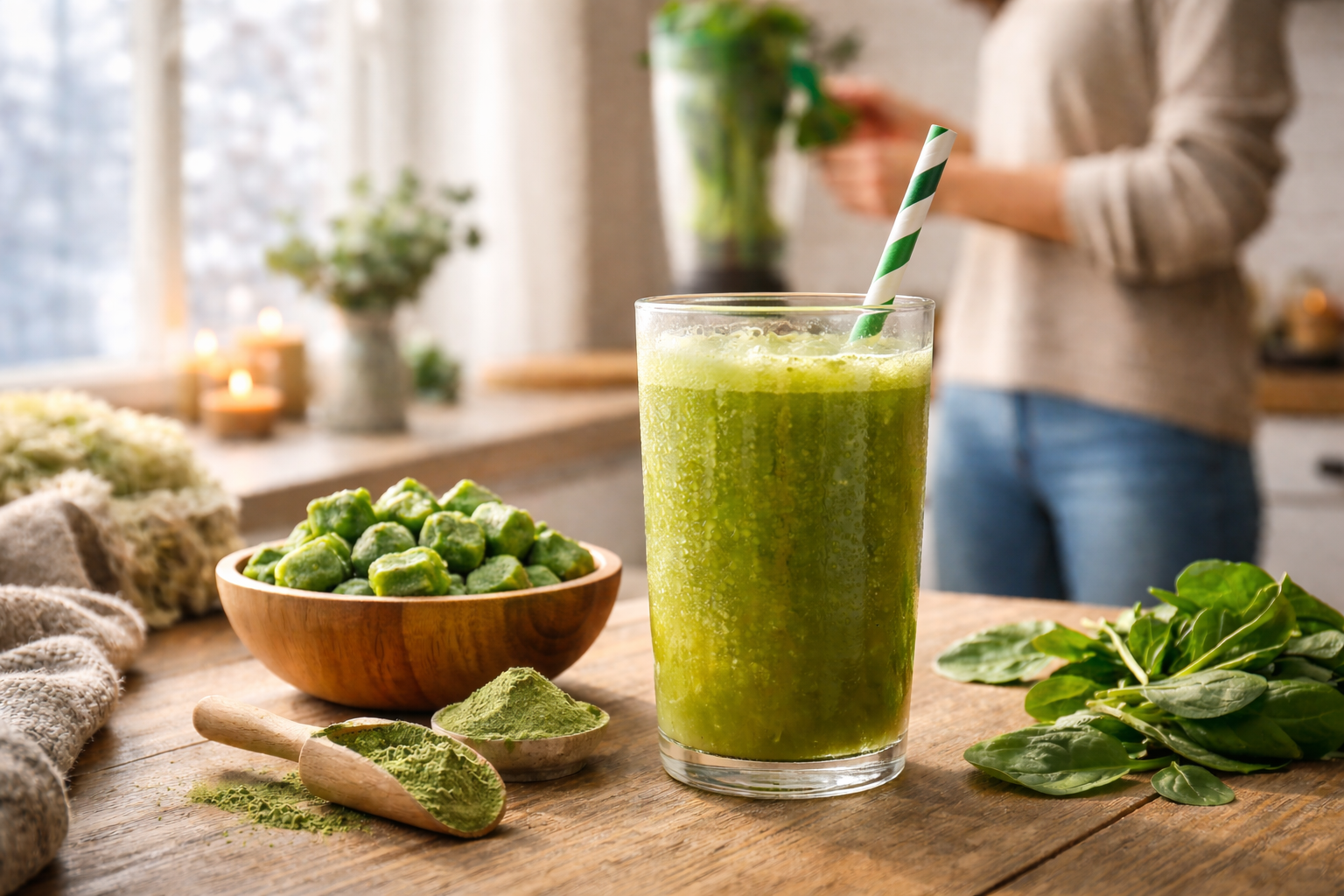 A kitchen scene showing a tall glass of frothy super greens drink with a striped straw on a wooden table beside frozen greens and green powder, softly lit by natural morning sunlight.