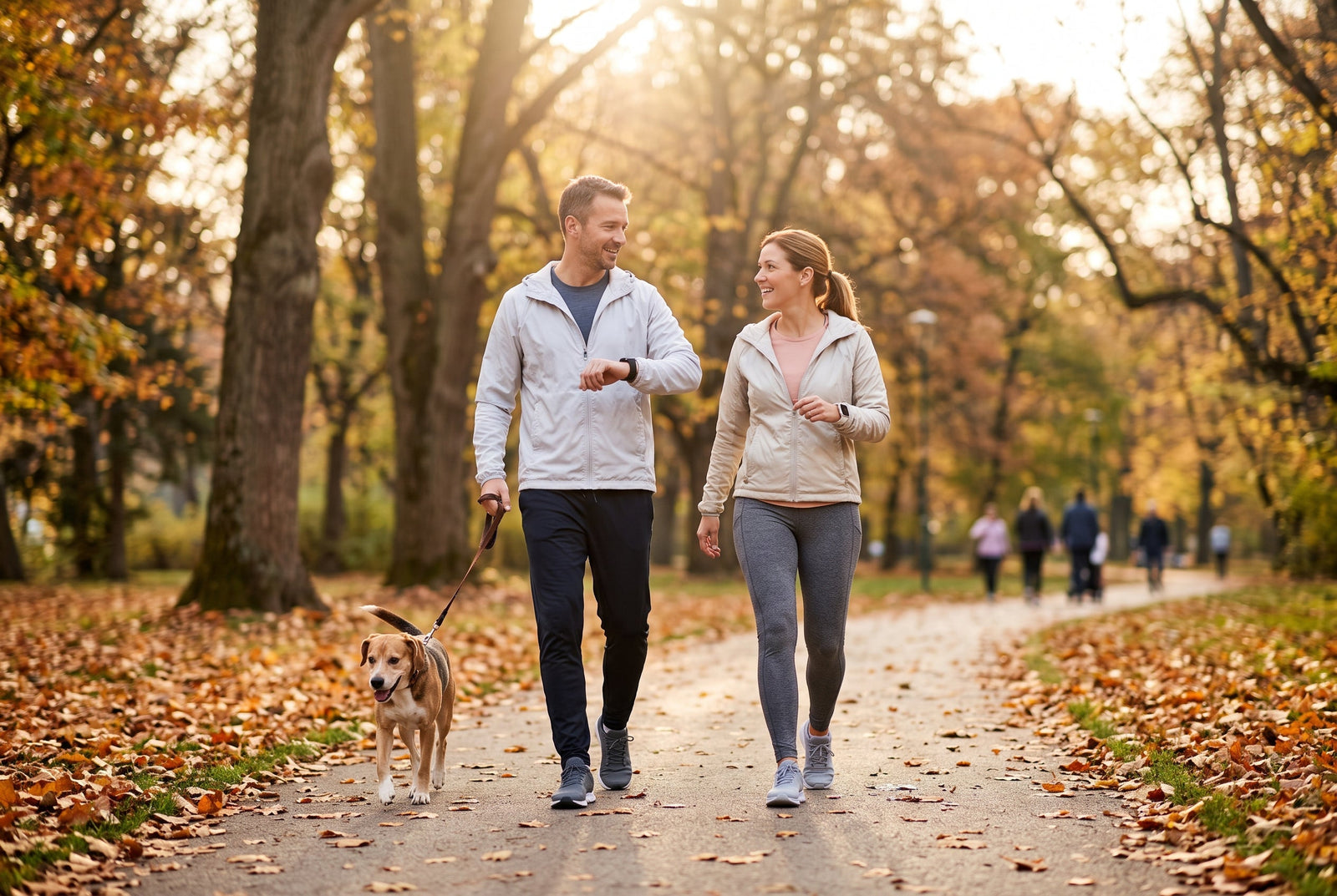 A man and a woman in comfortable outerwear walk their dog along a tree-lined park path covered in golden autumn leaves.