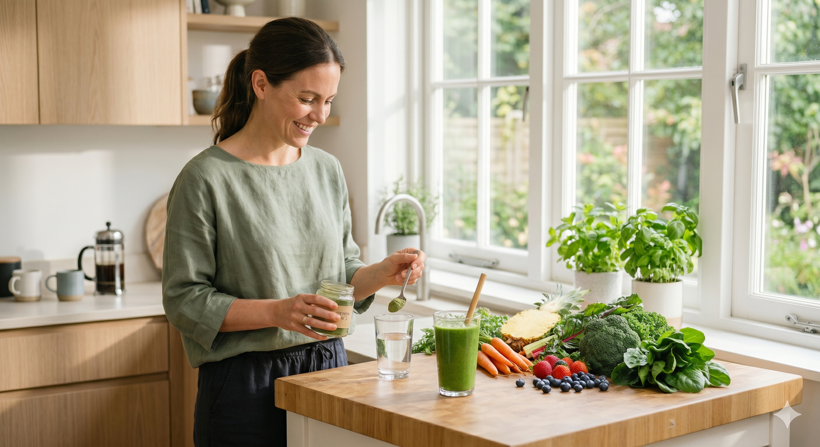 A smiling woman stands in a bright, modern kitchen preparing a morning wellness routine, with fresh produce, a green smoothie, and water arranged on the counter next to a large window.