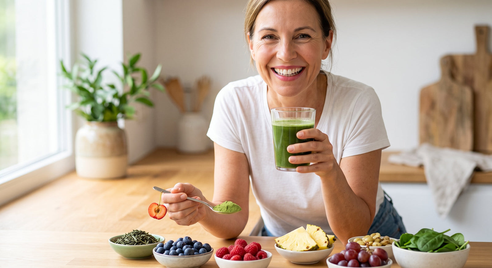 A smiling woman holds a glass of green juice at a sunlit kitchen counter surrounded by fresh fruits, leafy greens, and green tea leaves.