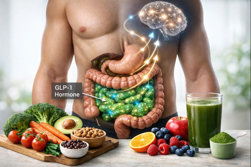 A human torso showing the digestive system with glowing gut bacteria in the small intestine releasing GLP-1 hormone signals to the brain, surrounded by fiber-rich prebiotic foods and a green super greens drink.