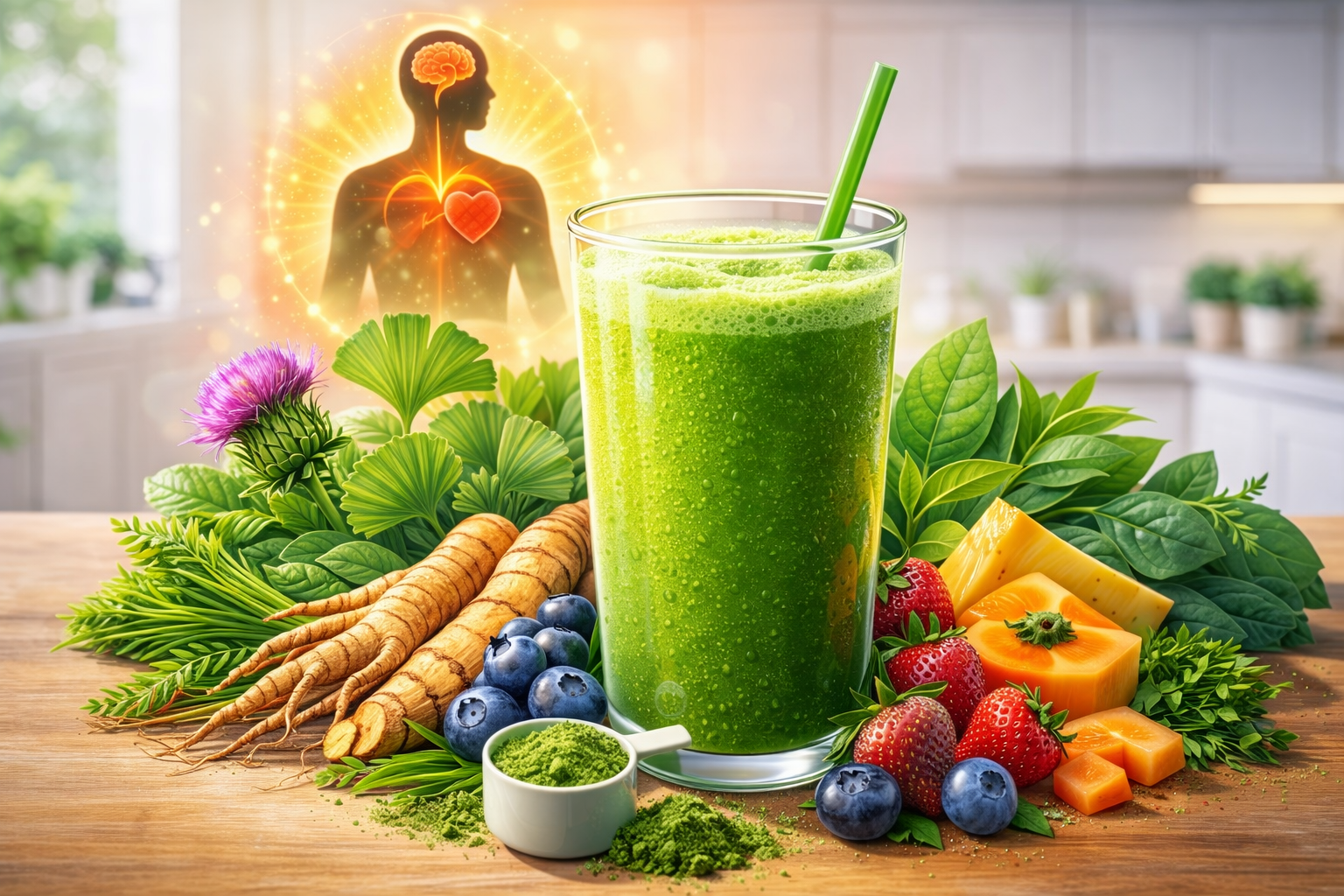 A  super greens drink in a glass is surrounded by adaptogenic herbs, leafy greens, and colorful fruits, with a glowing silhouette in the background representing energy, stress relief, and mental clarity.