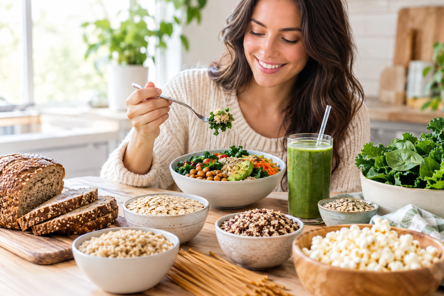 A woman enjoys a nutritious grain bowl with leafy greens, whole grain bread, oats, seeds, and a green smoothie in a bright, cozy kitchen.