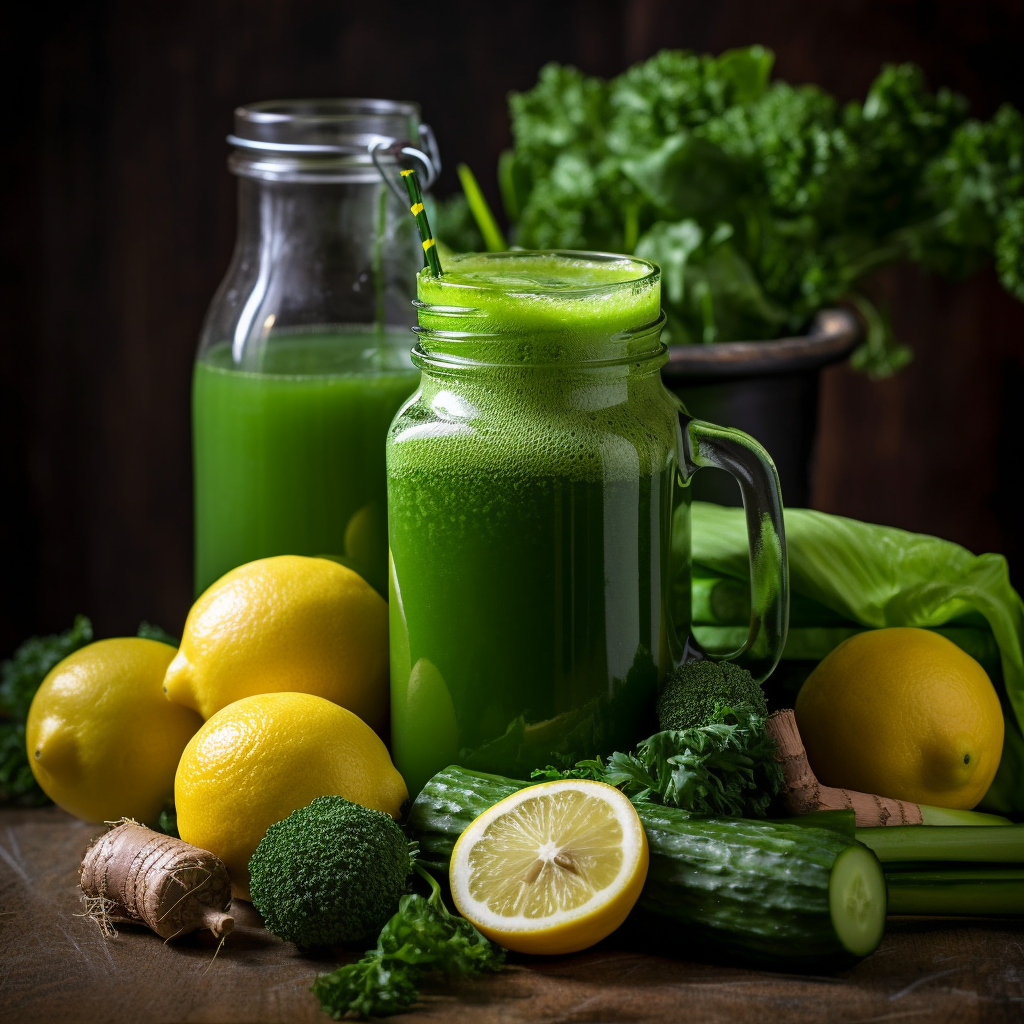 A glass of a super greens drink in the forefront with kale and leafy greens in the background