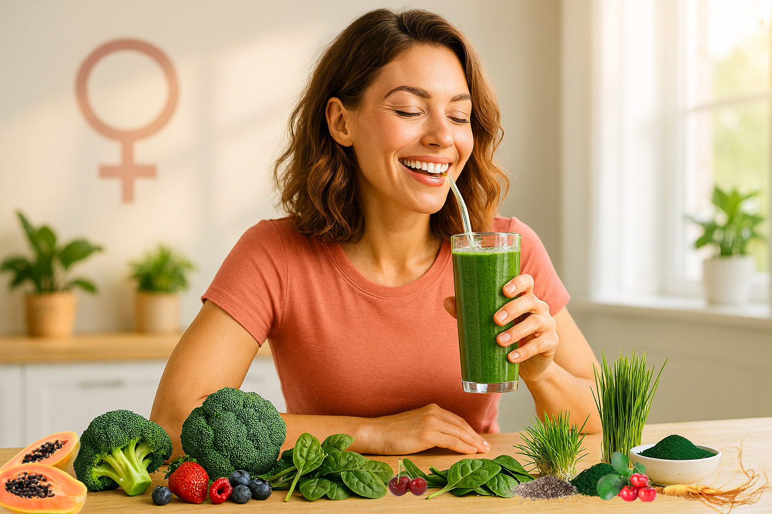 A woman in a kitchen drinks a green smoothie surrounded by leafy greens, fruits and a women's health symbol on the wall.