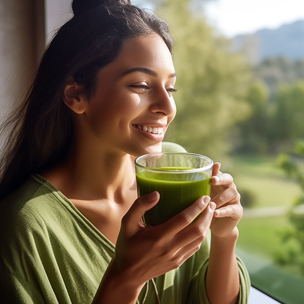 Is It Good To Take Greens On an Empty Stomach? Girl drinking super greens powder