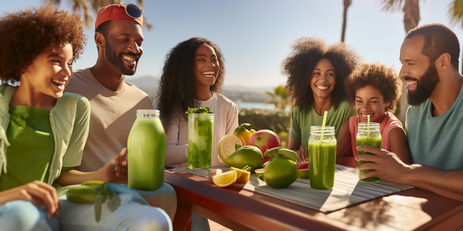 Two families drinking super greens powder smoothies outside.