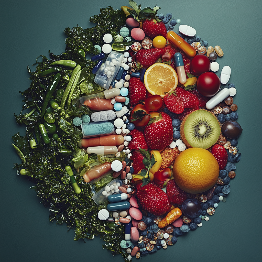 Fruits, vegetables, seaweed, and prescription medications combined and arranged in a circle.