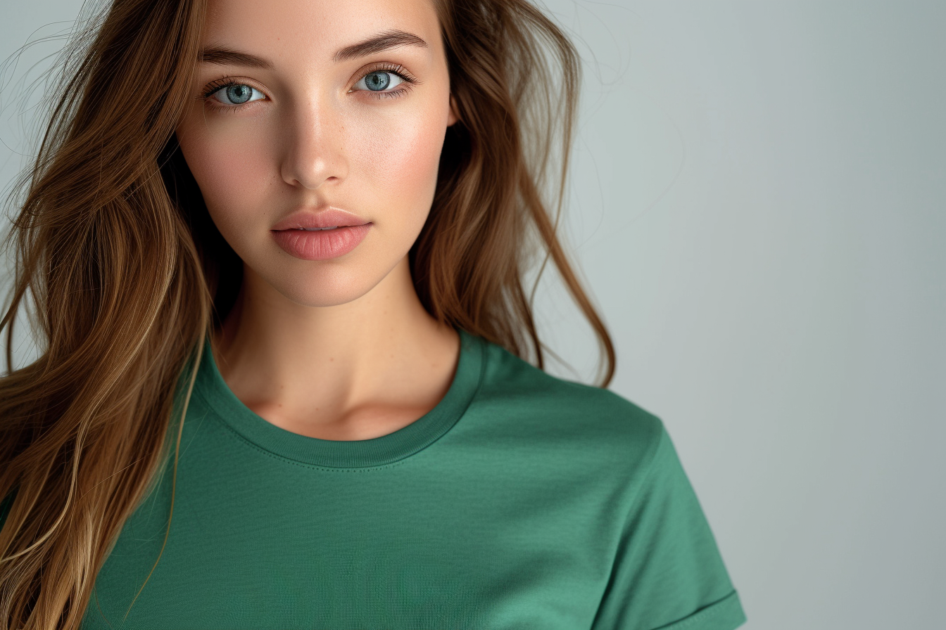 A beautiful woman looking forward with a neutral expression in a green shirt.