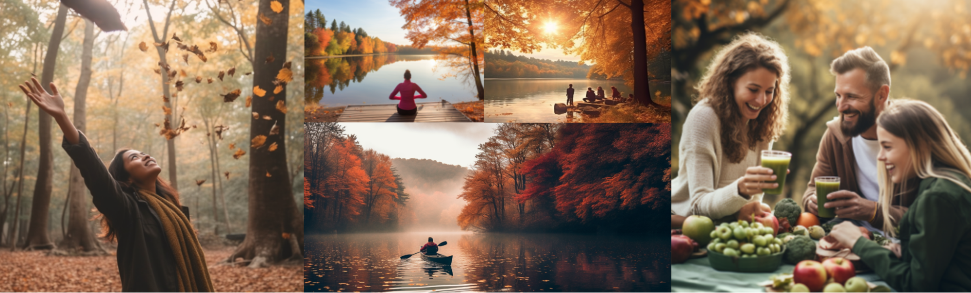 A collage of people engaging in different autumn activities: a woman admiring the falling leaves, one woman meditating, another kayaking, a group of friends by the lake, and a family enjoying a super greens drink