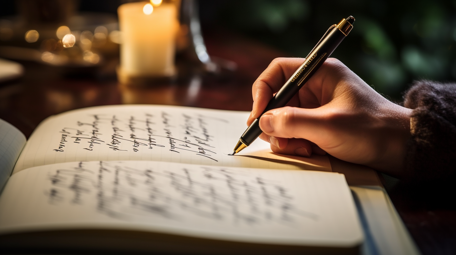 A close-up captures the focused hands of a woman as she diligently records her goals in a notebook.