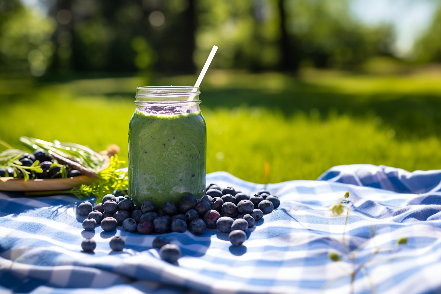 A glass of Rewind blueberry acai blast smoothie bordered by blueberries on a blue and white checkered picnic blanket.