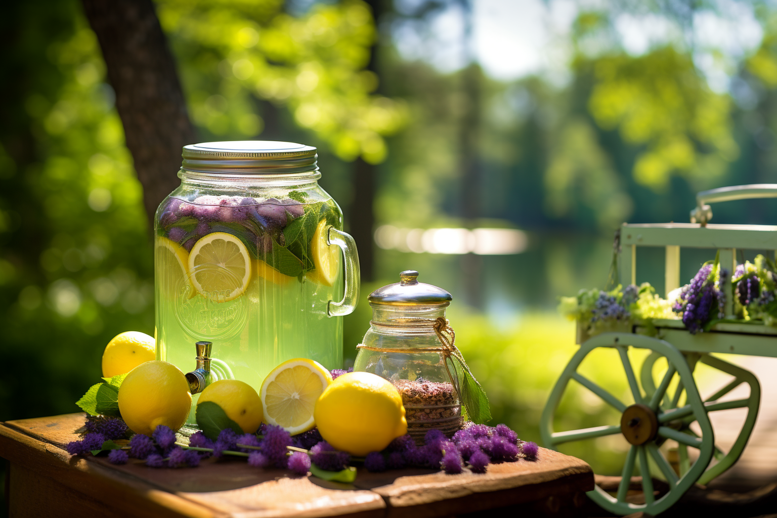 A big jar of Rewind blueberry lavender lemonade surrounded by a lot of lemons and lavenders set up on top of an outside cart.