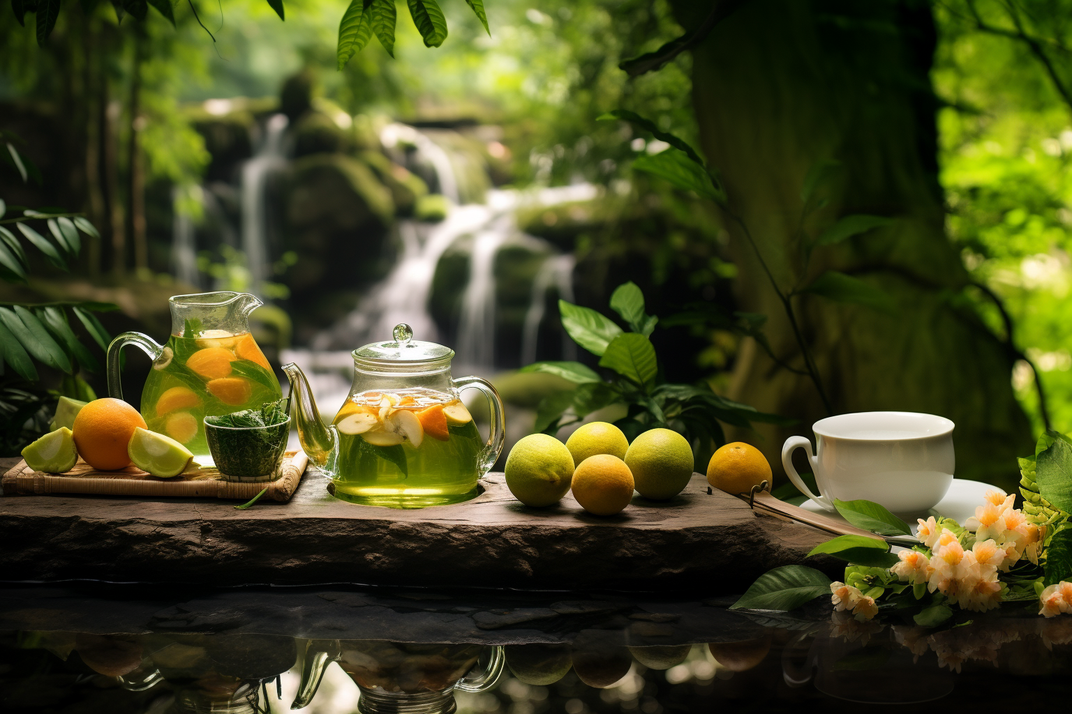 A pitcher and a teapot full of Rewind green tea peach zen surrounded by limes and lemons arranged on a stone slab with a waterfall background.