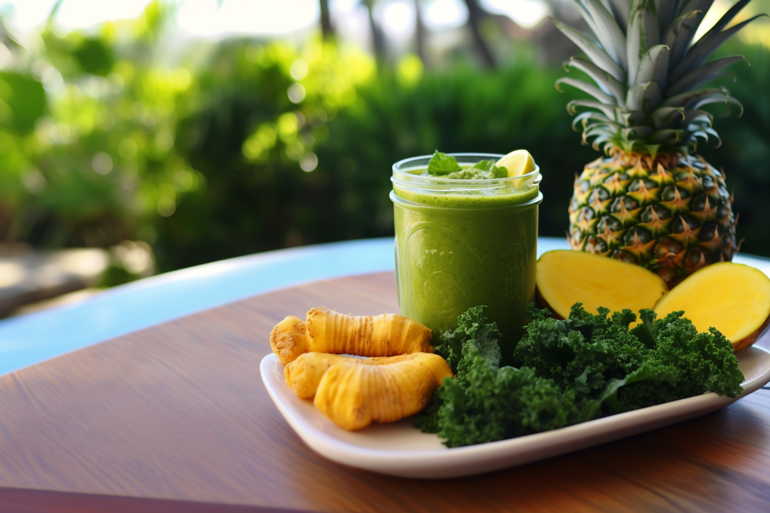 A Rewind tropical turmeric twist smoothie surrounded by its key ingredients pineapple, mango, turmeric, and kale arranged neatly on a plate on an outdoor table